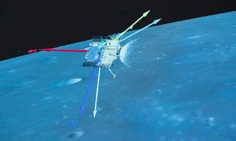 图为12月1日，在北京航天飞行控制中心拍摄的嫦娥五号探测器落月过程。（新华社记者 金立旺 摄）