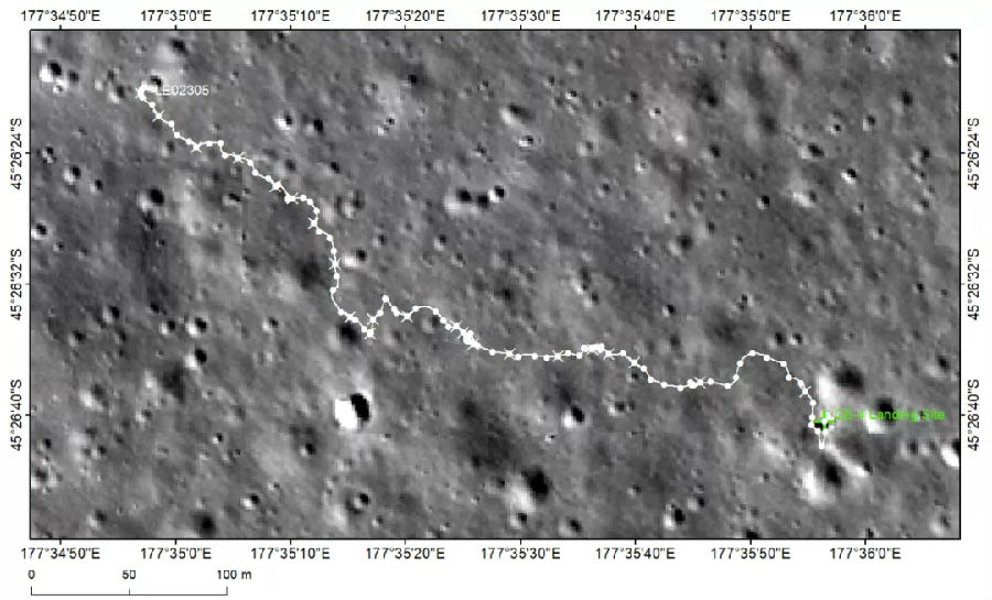 在遥远的月球背面，嫦娥四号着陆器和“玉兔二号”月球车分别于11月10日3时12分和11月9日10时17分结束月夜休眠，受光照自主唤醒，迎来第24月昼。基于探测点全景相机拼接影像、DOM影像等数据情况，“玉兔二号”月球车将在第24月昼期间继续向西北方向行驶，目标为玄武岩方向或反射率较高的撞击坑区域。在接近月午时，“玉兔二号”月球车计划进行至少1次全景相机环拍，红外成像光谱仪、中性原子探测仪、测月雷达开展同步探测。图为嫦娥四号巡视路径。