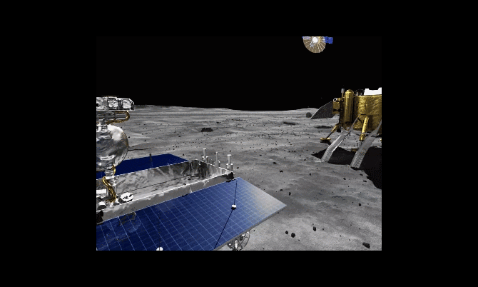 嫦娥四号探测器巡视器（左）、着陆器（右）、中继星“鹊桥”（上）示意图。