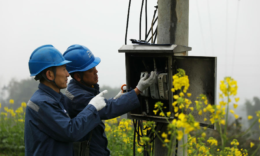 2月23日，南方电网贵州赤水供电局党员服务队在天台镇星光村检查维护农业用电设备。