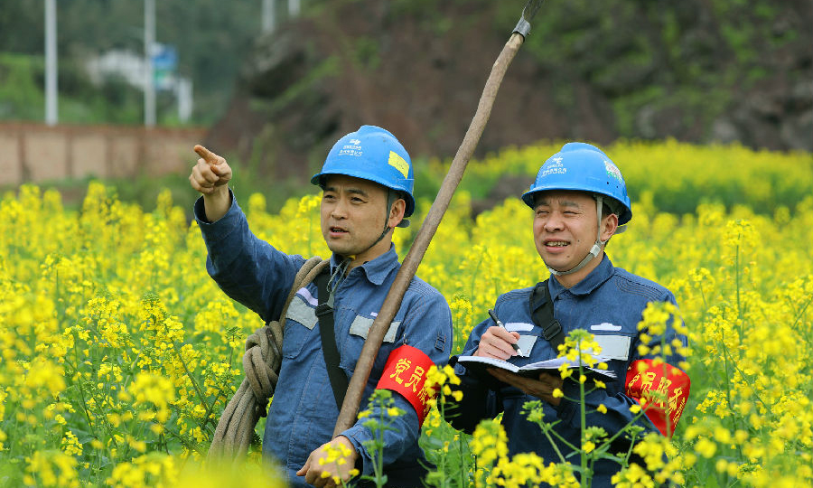 2月24日，南方电网贵州赤水供电局党员服务队在赤水市大同镇田间地头检查线路。