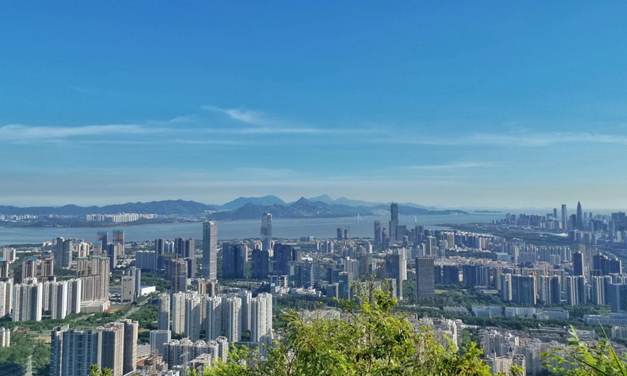 粤港两地相依，电网相联。画面可见深圳湾大桥、港珠澳大桥将粤港两地相连，远处香港元朗热闹的居民区，与深圳南山区相守相望。