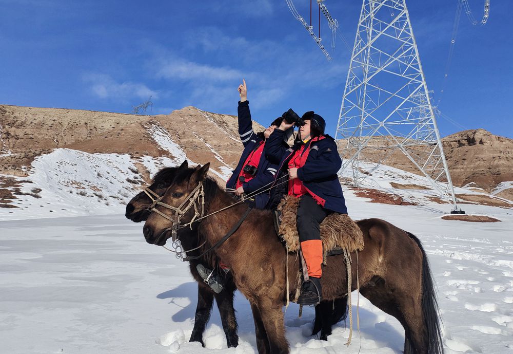 2月13日，新疆送变电公司工作人员骑马巡查750千伏伊库Ⅰ线56号塔。