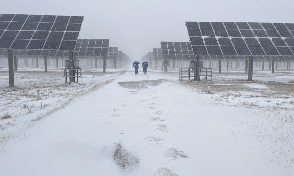 中国节能所属太阳能新疆区白城领跑者电站运维人员冒雪巡检线路。