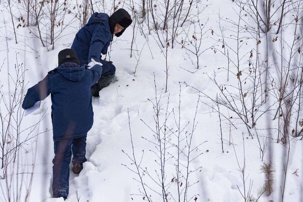 图为1月12日，吕建生（上）和王少亭在北极村附近的山林中进行电力巡线。（新华社记者 谢剑飞 摄）
